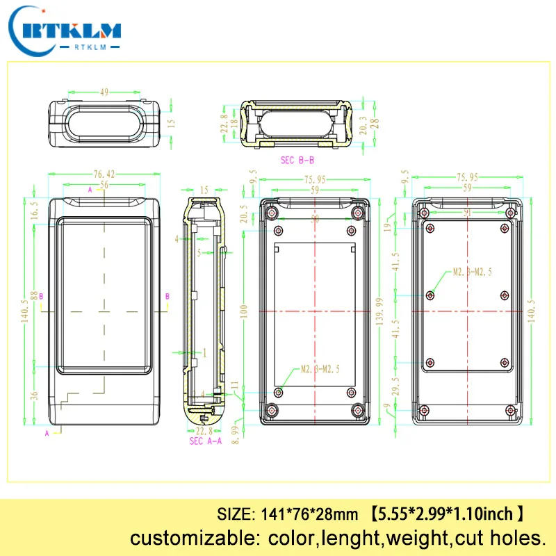 Electronic Project Instrument Case DIY junction box ABS plastic box Handheld plastic enclosure 141*76*28mm