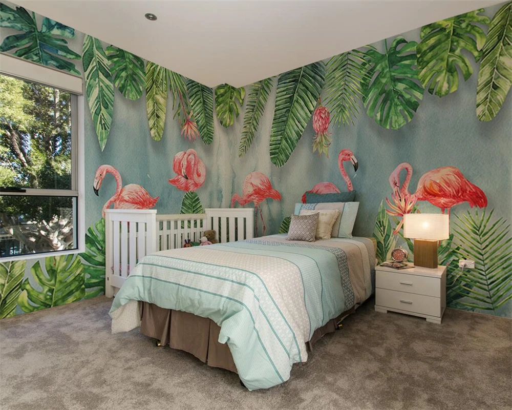 beibehang Custom wallpaper 3D Photo Mural Scandinavian Modern Simple Hand-painted Plant Flamingo Whole House 3d Wallpaper murals