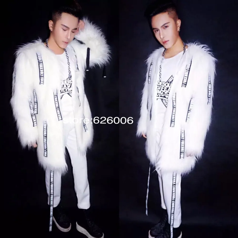 Fashion New Cool Men's white Letter print fur Coat Outwear Nightclub Male singer DJ Party Show Stage performance costumes set