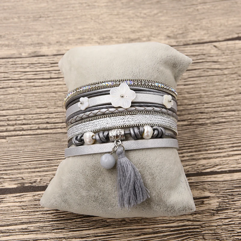 STRATHSPEY PU leather Bracelets&Bangles For Women Pulseira Bohemia Multi Rows Grey Plaited Shell Flower Strass Set Fabric Tassel