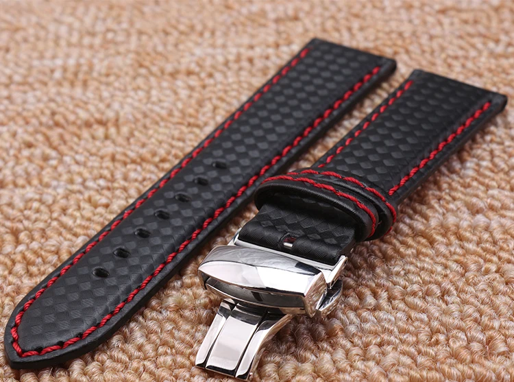 Watch band 18mm 20mm 22mm 24mm Popular Red Stitching Carbon Fiber Fabric Replacement Genuine Leather Watchb and Starp Bracelets