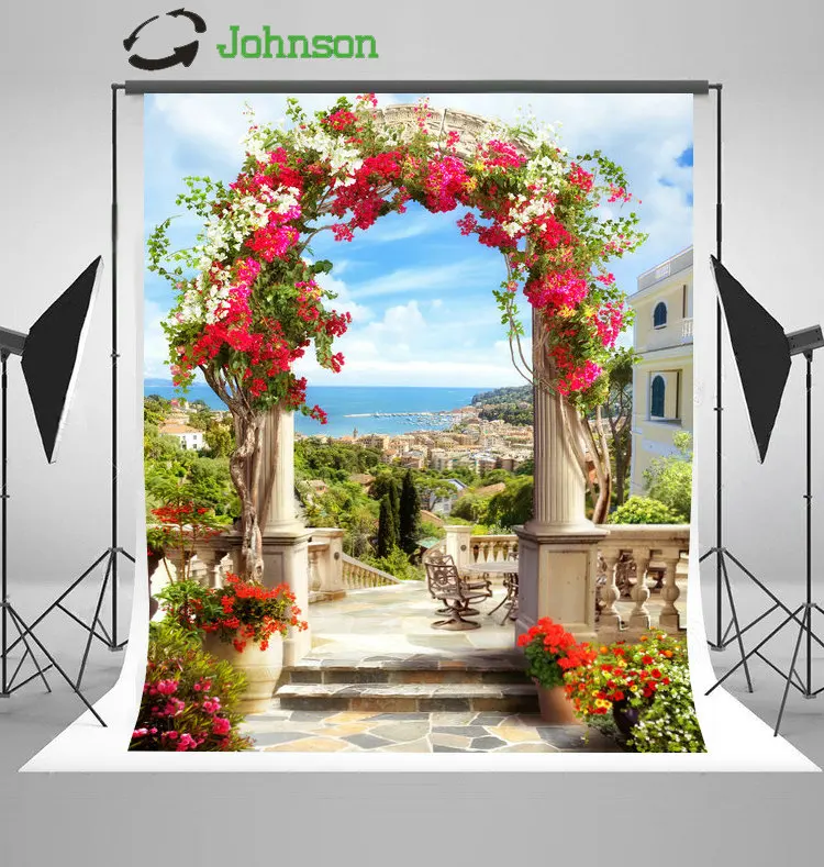 

Arch Column Flower Leaves Coastal Patio backdrops polyester or Vinyl cloth High quality Computer print wedding background