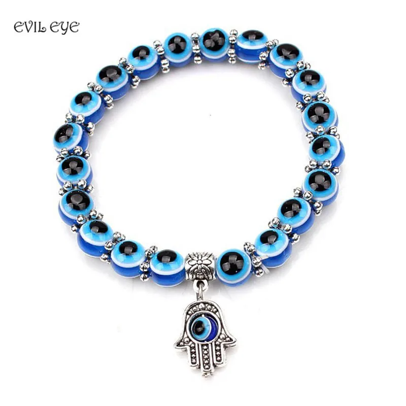 EVIL EYE 1pc fashion new Turkey evil eye bracelet 8mm blue beads Snow spacer alloy hamsa hand bracelet bangle for women men