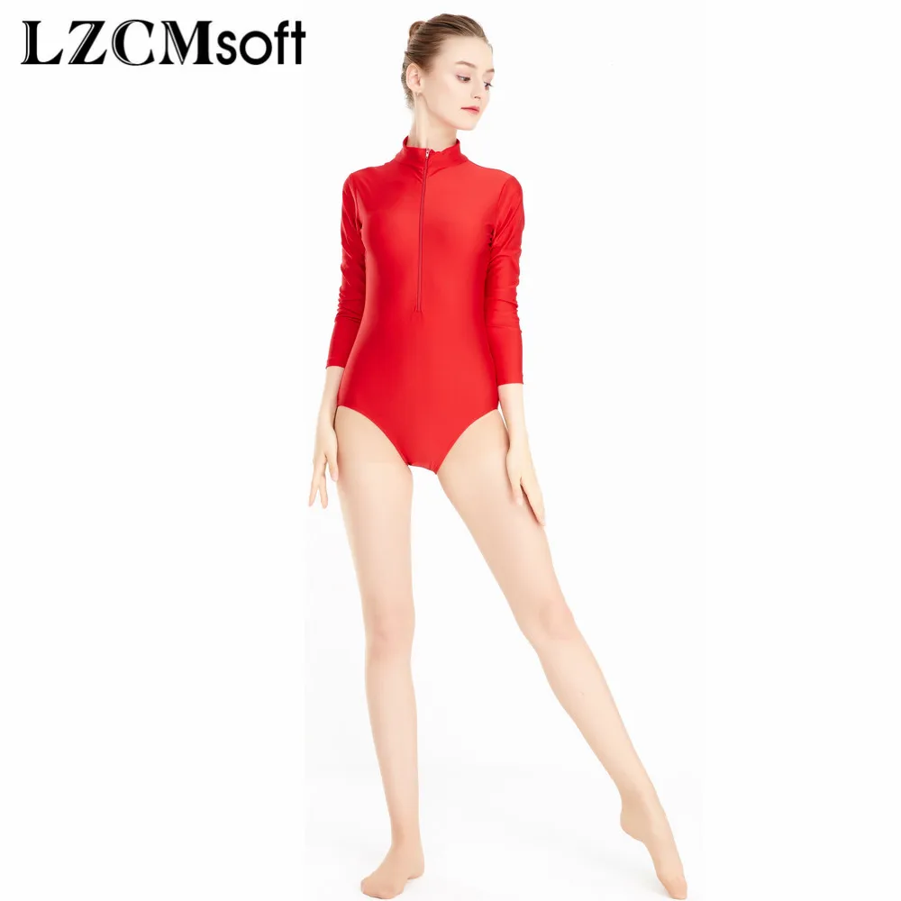 LZCMsoft Women\'s 3/4 Sleeve Front Zip Turtleneck Ballet Dance Leotards Spandex Nylon Gymnastics Leotards Girls Stage Costume