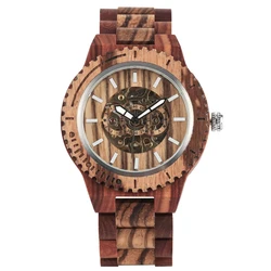 Men's Watch Hollow Out Automatic-self-winding Mechanical Watch Luminous Function Wood Strap Wristwatch