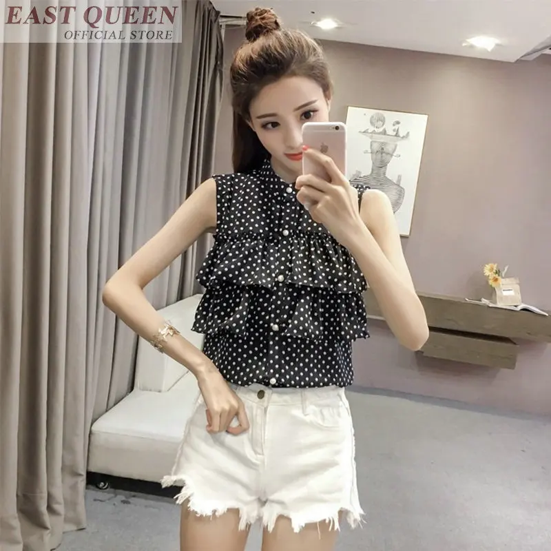 Wanita blus musim panas 2018 berdiri tanpa lengan polka dot print ruffles chiffon blus kemeja wanita fashion wanita tops DD579 L