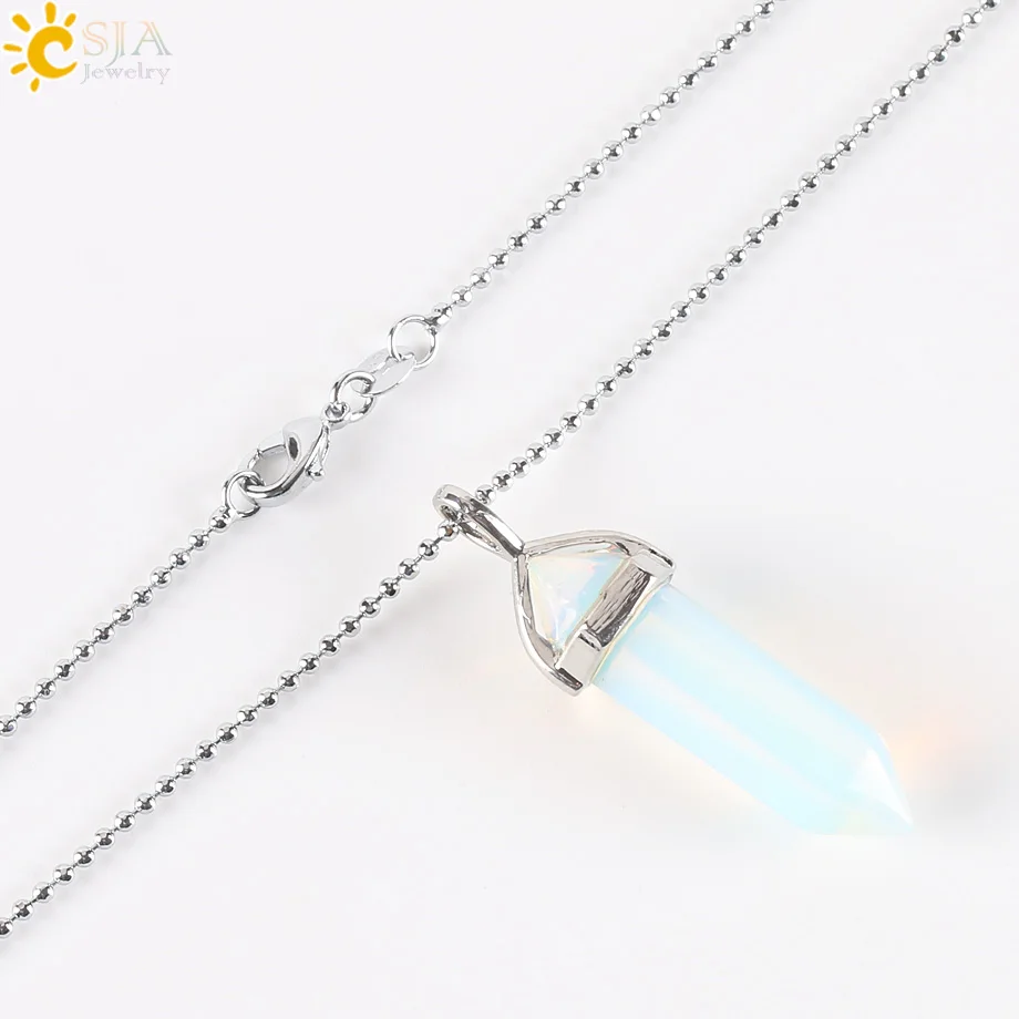 CSJA Hexagonal Prisms Opal Semi Precious Gem Stone Bullet Shape Suspension Pendant & Statement Necklace Men Women Jewelry E271