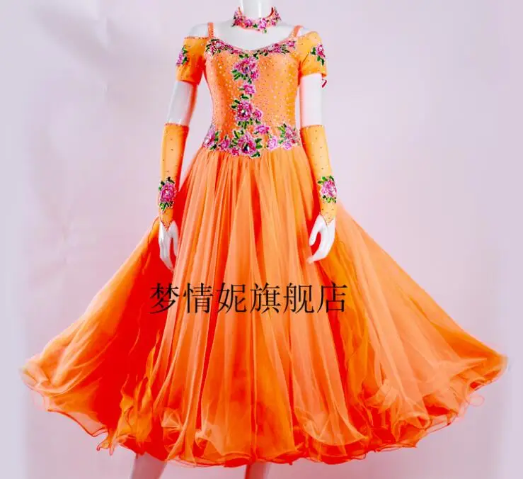 

Standard Ballroom Dancing Dresses Lady's short sleeve orange Tango Waltz Costume Ballroom Competition Dance Dresses