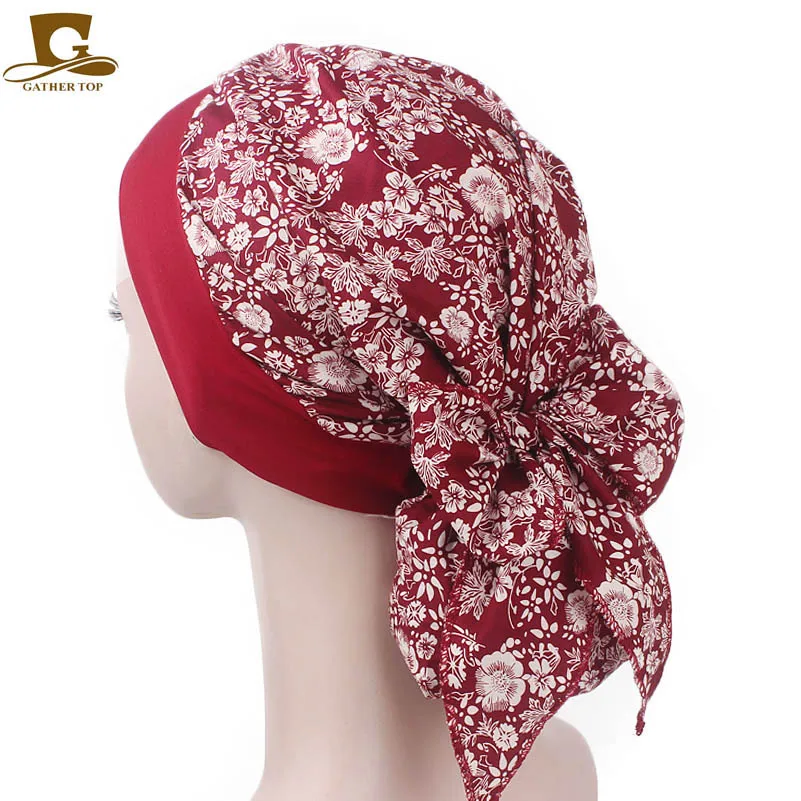 New fashion Vintage elastic women cotton head scarf chemo cap bowknot turban headband Sleeping Bonnet head wrap hair loss cap