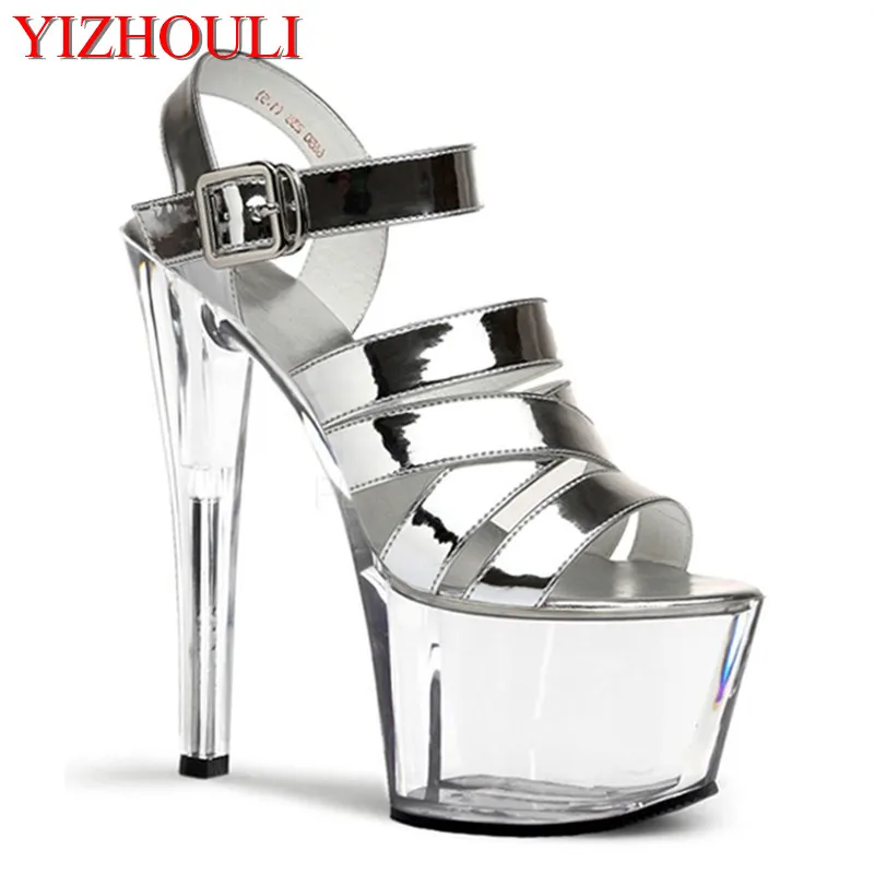 

Gold and silver super high heels, 17 cm transparent crystal sandals, model banquet pole dancing performance sandals