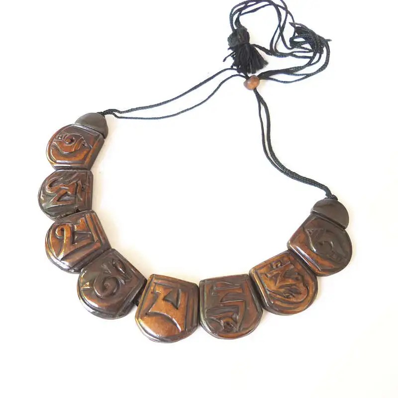 TNL194 Tibetan Yak Bone Carved Six Words Mantras Amulet Statement Choker Necklace OM MANI PAD ME HUM