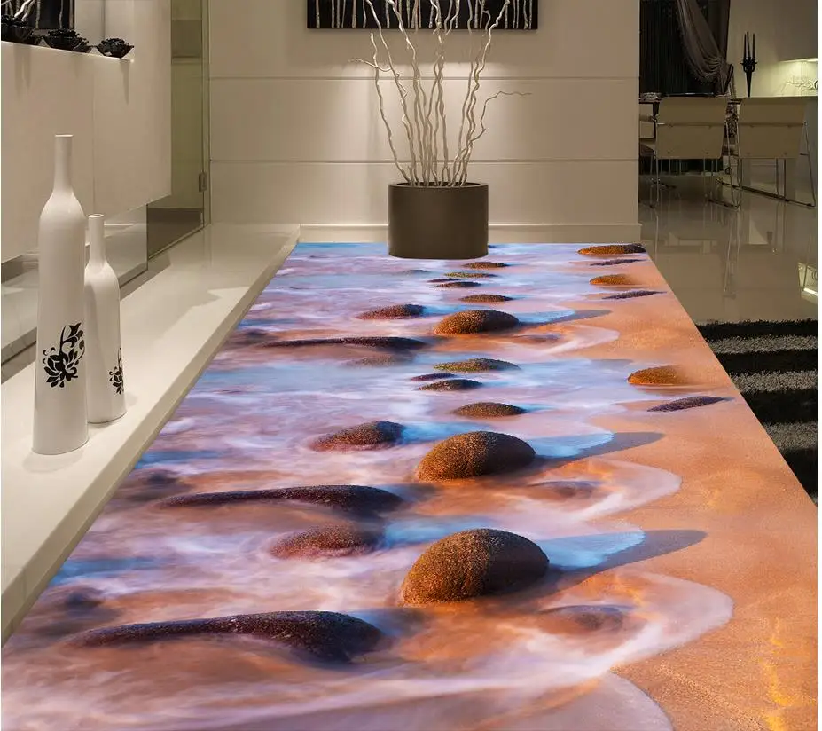 

3D Floor PVC Wallpaper Self-adhesive Floor Mural Seaside Stone Path Floor Painting Modern Custom 3D Floor Mural