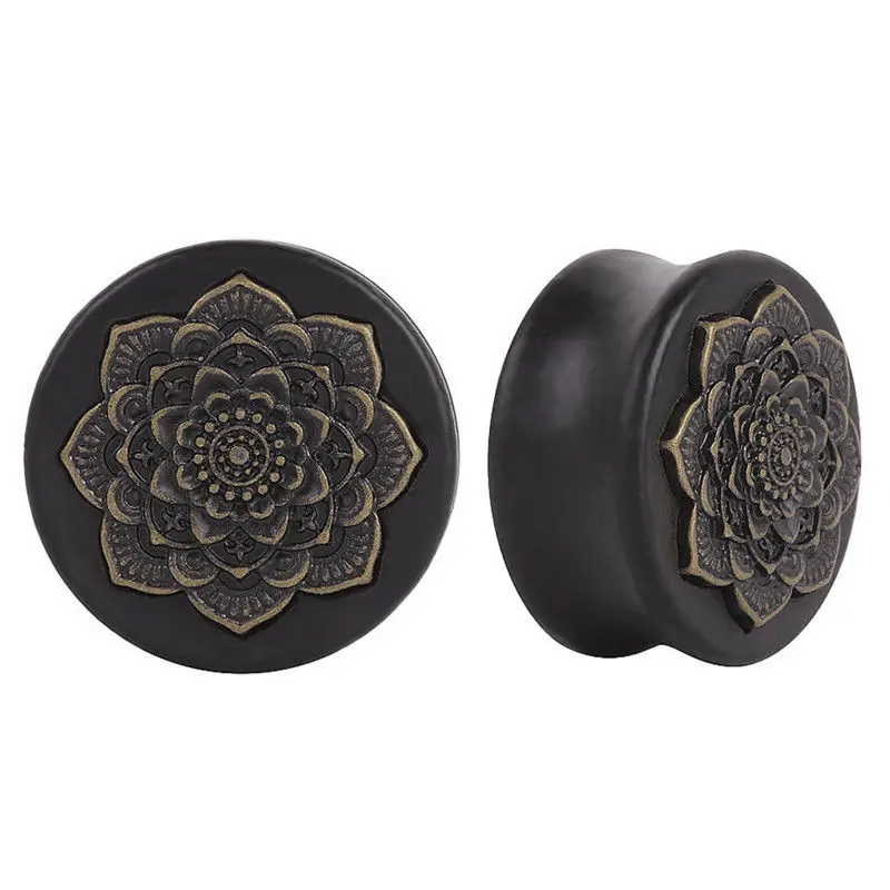 1PCS Natural Wood Ear Plugs Mandala Flower Tunnels Gauges Ear Piercing Expanders Body Earring Jewelry Black