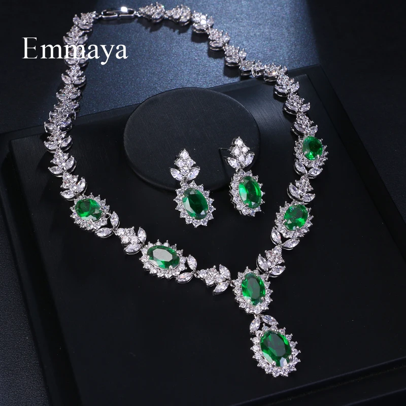 Emmaya Brand Fashion Luxury Cubic Zirconia Bridal Jewelry Sets Green Oval Crystal Rhinestone Party Wedding Jewelry Necklace Sets