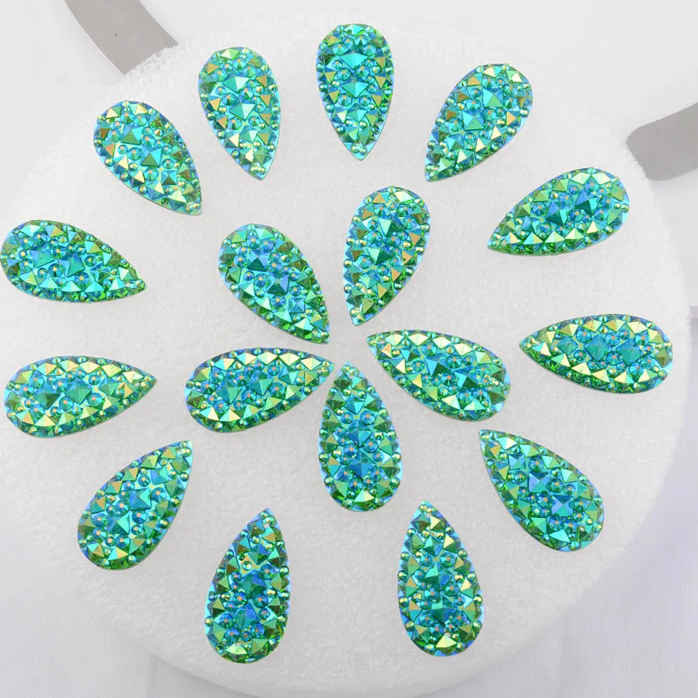 BOLIAO 10Pcs 16*30mm (0.63*1.18 in) AB Color Drop Green Rhinestones Flatback Resin Sew On Craft/Wedding/Home Decoration DIY