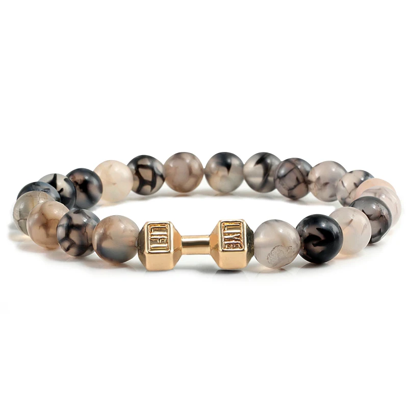 Natürliche Vulkanstein Armband Männer Matte Schwarz Lave Weiße Perlen Charme Hantel Strang Armbänder Frauen Barbell Fitness Schmuck