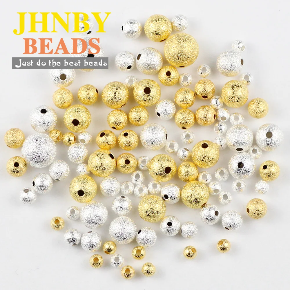 JHNBY Gold Plated Matte Metal bead 3/4/6/8/10MM Charms Round Copper Spacer Loose beads for Jewelry bracelet necklace making DIY