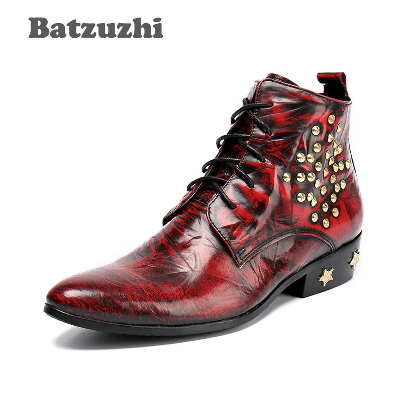 

Batzuzhi Autumn Winter Men Boots Warm Fashion Pointed Toe Leather Boots Men Wine Red Heels with Stars Zapatos Hombre, EU38-46