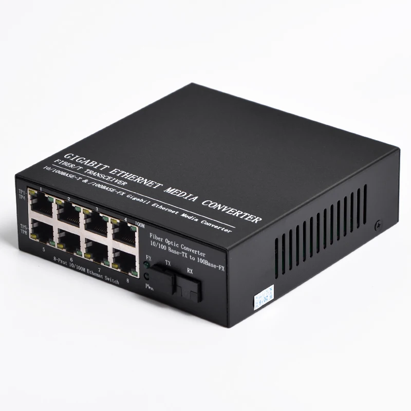 Fast Ethernet Media Converter 10/100Mbps Optical Media Converter 8 Ports RJ45 to 1 Port Singlemode SM Fiber SC Transceiver 20KM