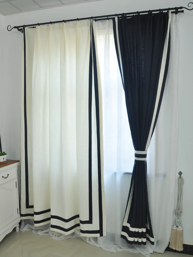 Cotton Linen Striped Edge Curtains, Luxury Brand Style, Blue and White, Living Room and Bedroom Door Curtain