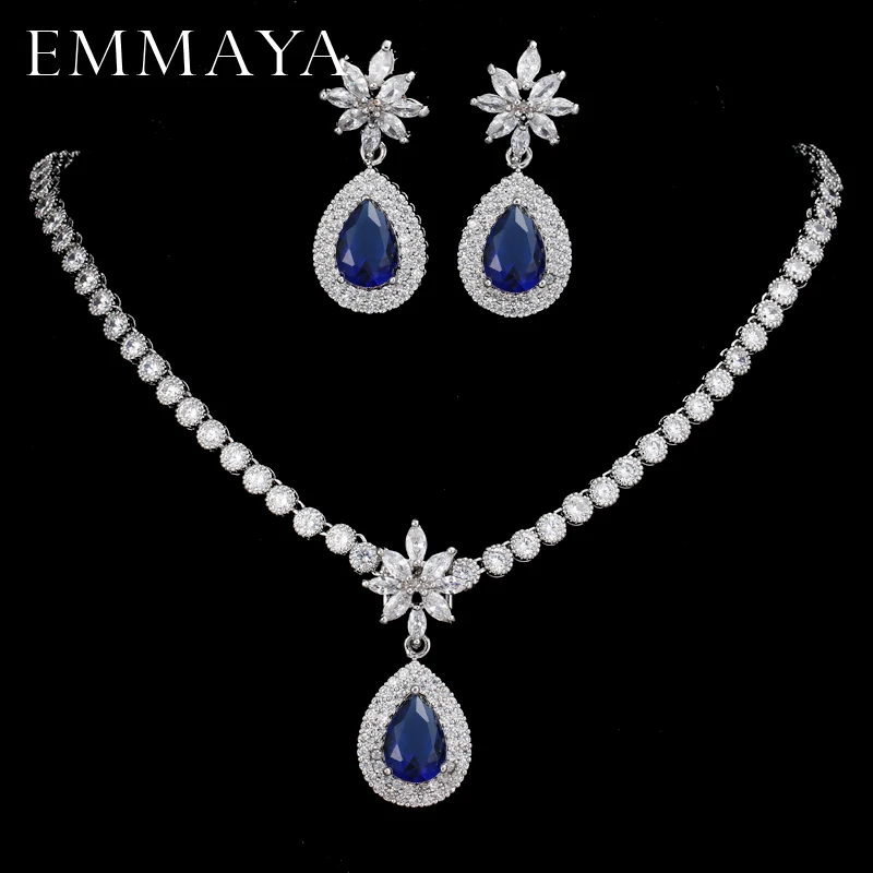 EMMAYA Luxurious CZ Stones High Quality Shiny Bride Jewelry Sets Blue Cz Necklace + Earrings