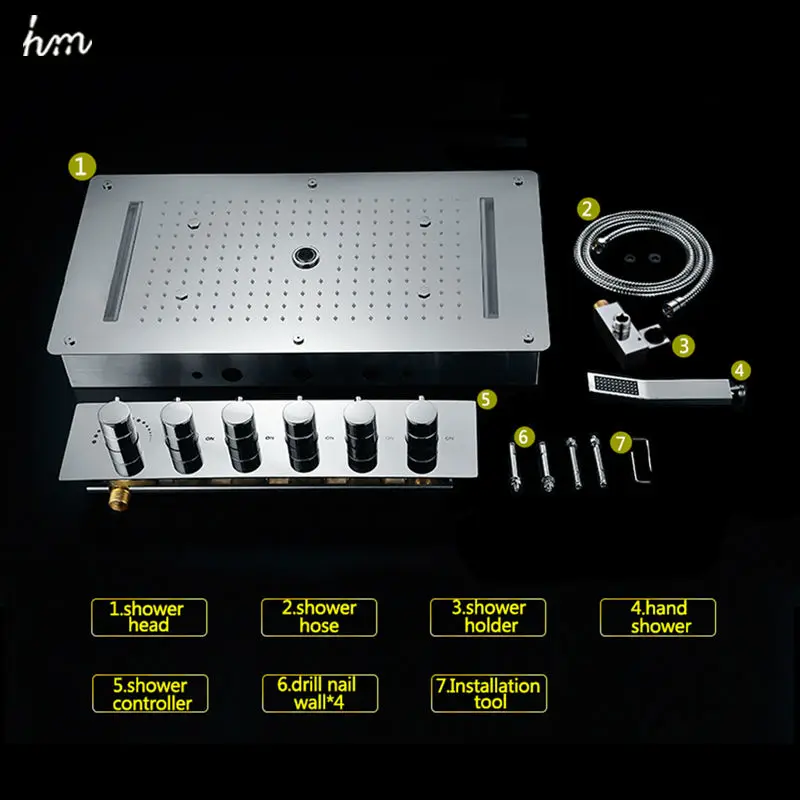 Imagem -06 - Acessórios do Banheiro Teto Led Sistema de Chuveiro Conjunto Válvula Misturadora Termostática Torneira Chuvas Cachoeira Painel Cabeça Chuveiro hm 2024