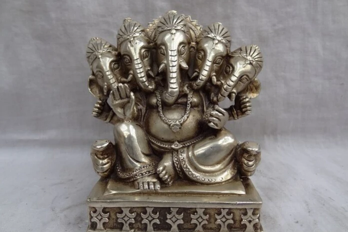 

14CM Chinese Silver Buddhism Tibet 5 Head Ganapati Ganesh Lord Ganesha Buddha Statue