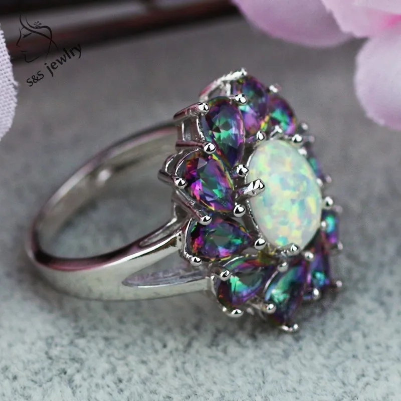 JLR-1074   Luxury Floral Rainbow Rainbow Stone & White Opal Rings For Women Fashion Jewelry