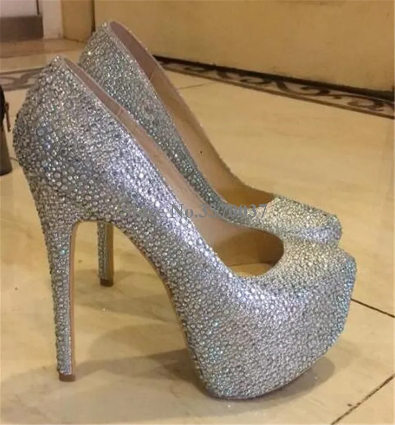 Women Charming Bling Bling Round Toe Rhinestone Stiletto Heel High Platform Pumps Silver Crystal 15cm Super High Heels Wedding