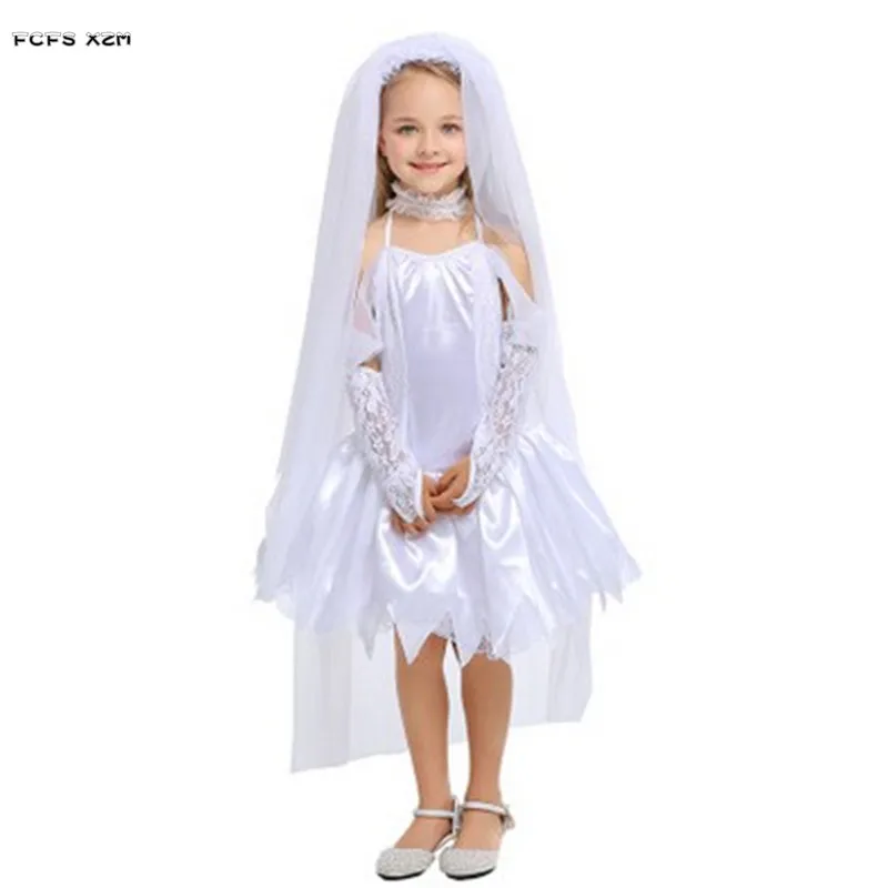 White Girls Halloween Bride Costume Children Kids Wedding Dress Cosplay Princess Angel Role Play Carnival Purim Masquerade Dress