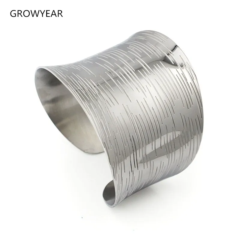 Engraving Wave Pattern Silver Color Wide Bracelet Cuff Bangle Stainless Steel Women Grils Fashion Jewelry 1PCS