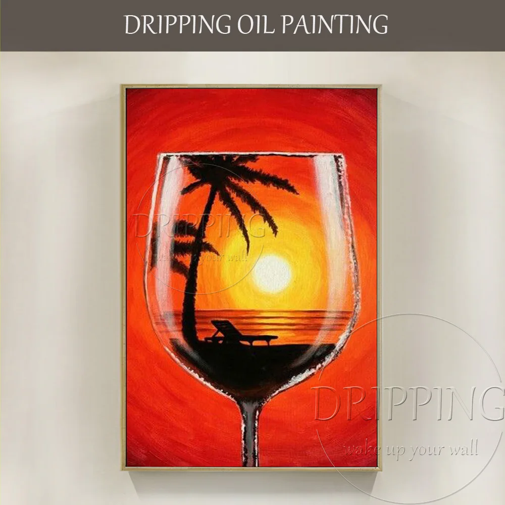 Unique Design Artist Hand-painted Oil Painting Beach Landscape in Wine Glass Pictures for Wall Decor Handmade Wine Oil Painting