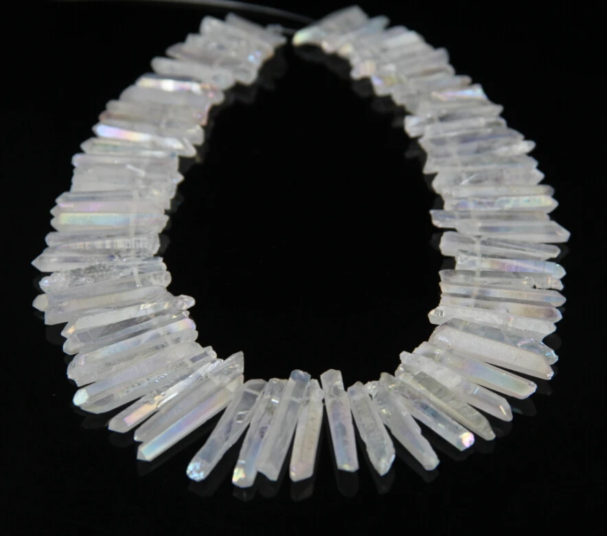 

72pcs/strand Rainbow AB White Natural Crystal Quartz Point Pendants,Top Drilled Rock Crystals Sticks Beads,4-6x25-40mm