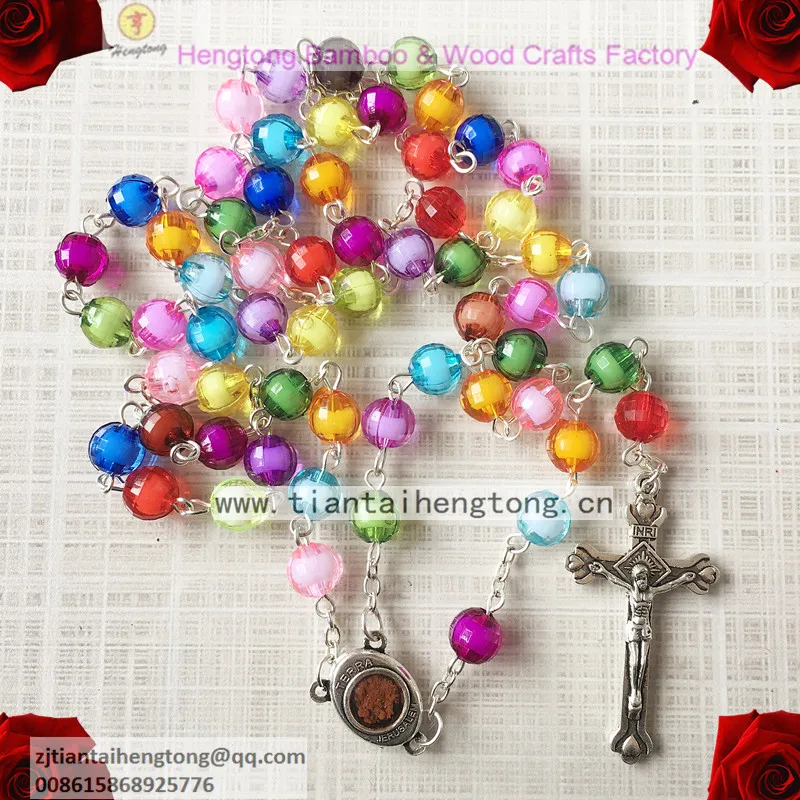 8mm facet bead rosary necklace with Jerusalem crucifix and Madonna Medallion Containing Terra soil