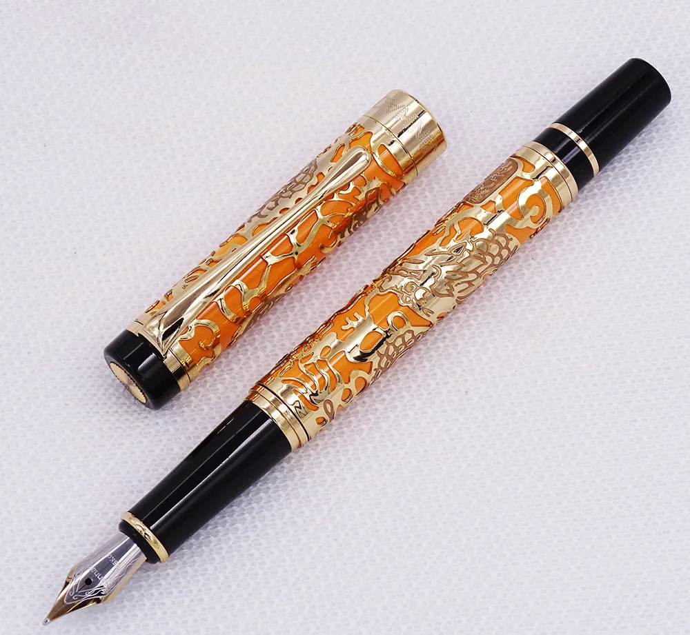 Jinhao 5000 Vintage Luxurious Metal Fountain Pen Beautiful Dragon Texture Carving, Orange & Golden Ink Pen for Office Business