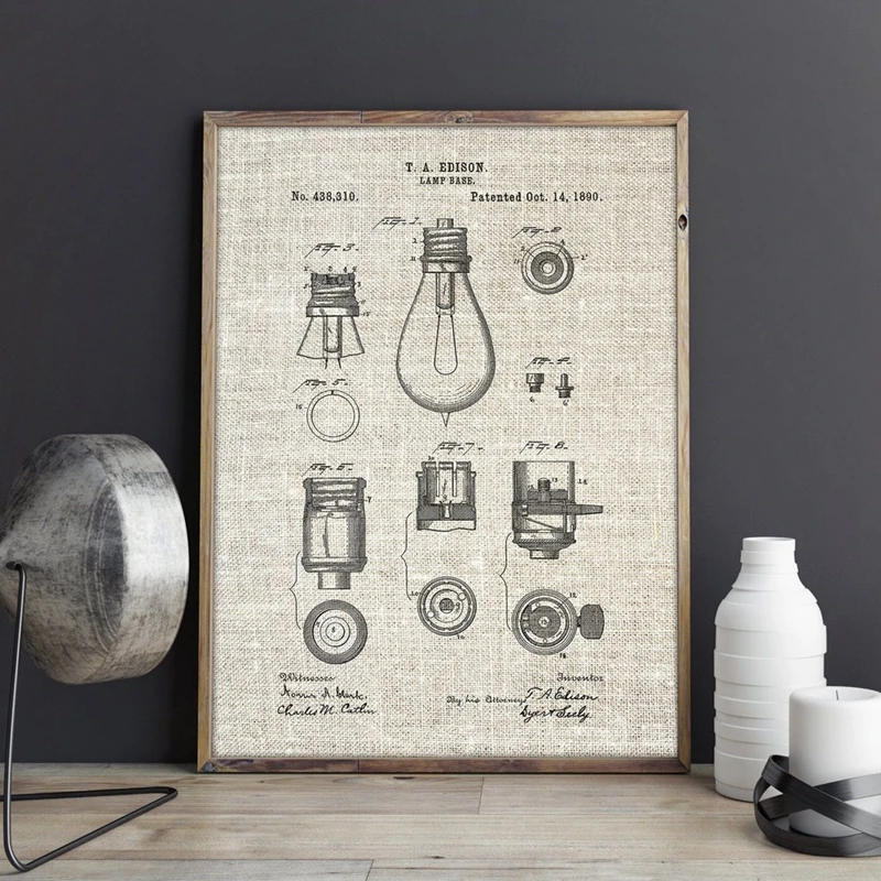 Edison Lamp Base Patent Prints Thomas Edison Bulb Wall Art Posters Lighting Decor Vintage Blueprint Gift idea Wall Decoration