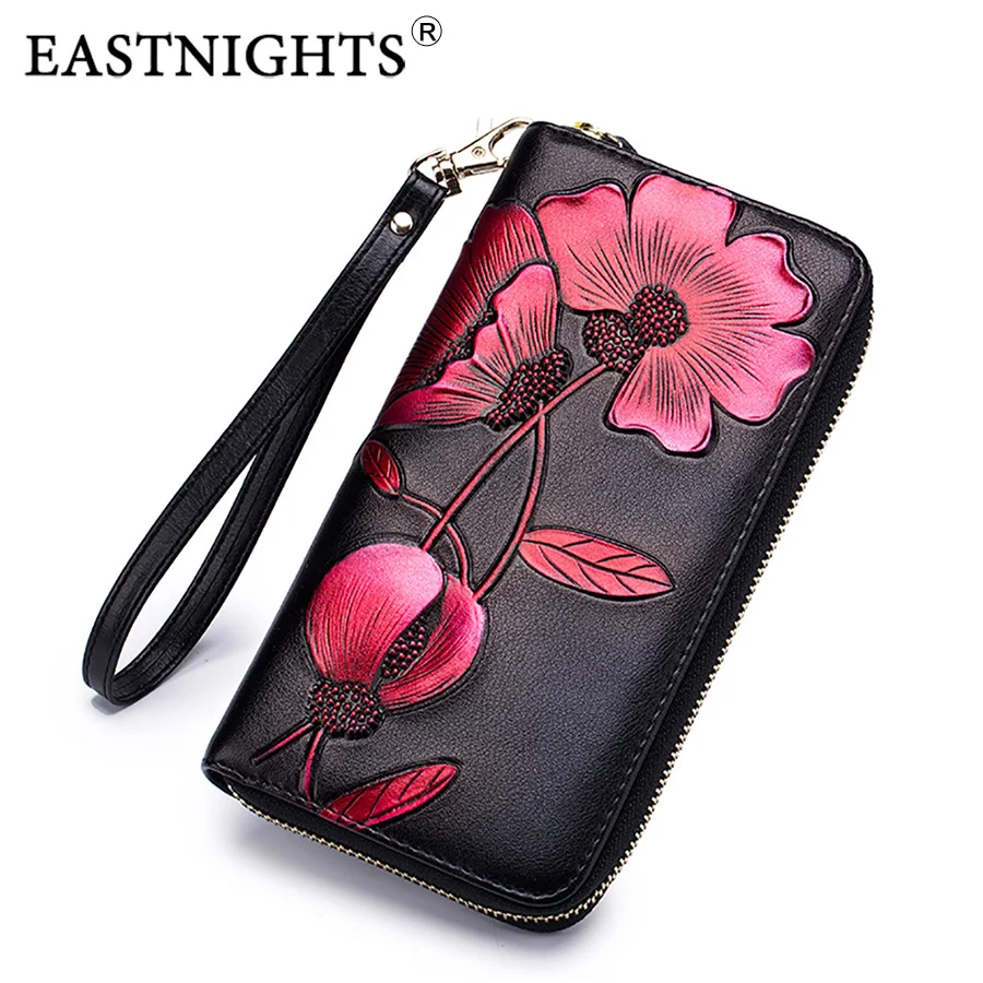 

EASTNIGHTS long wallet women genuine leather zipper clutch wallets female vintage flower purse lady card holder