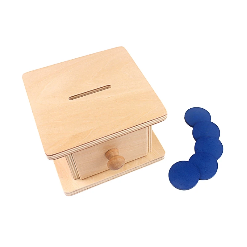 Montessori Imbucare Box with Coins Wood Coin Box Permanent Matching Box Blue Coins Eudcational Learning Toys For Toddler Infant