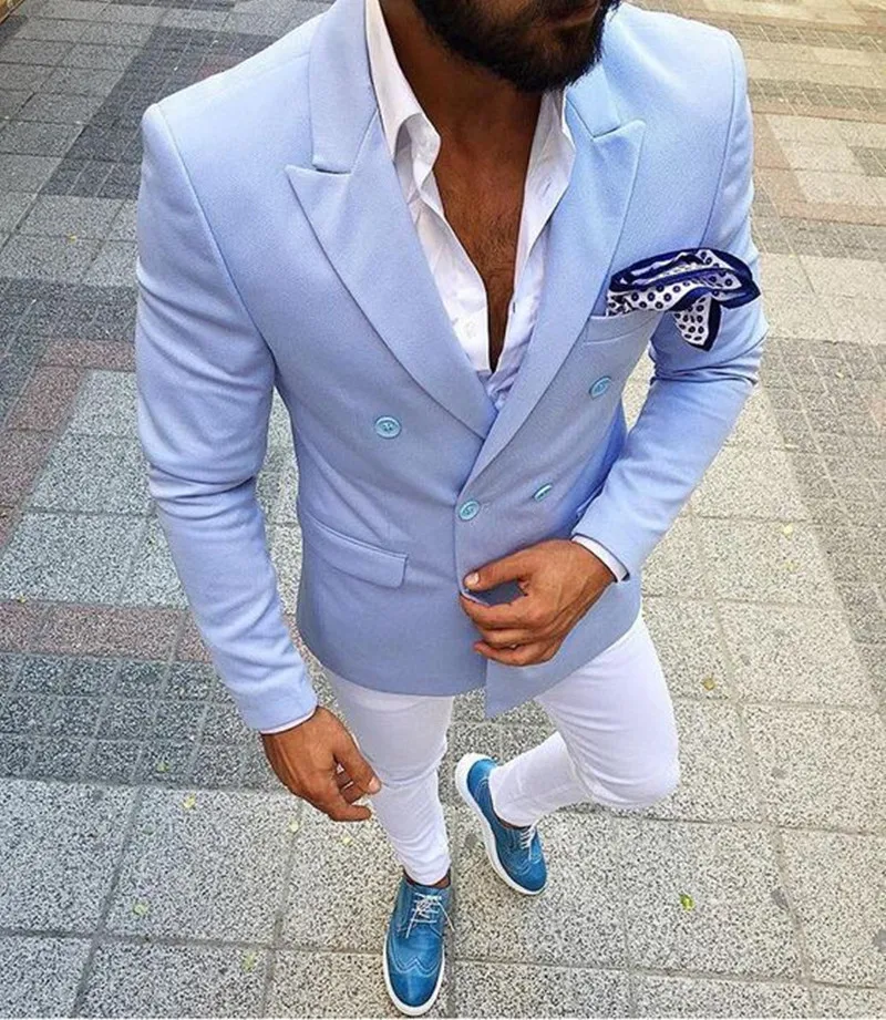 

Handsome Sky Blue Summer Men Suits Wedding Tuxedo Peaked Lapel Groom Wear Man Blazer 2 Piece Costume Homme(Jacket+Pant)