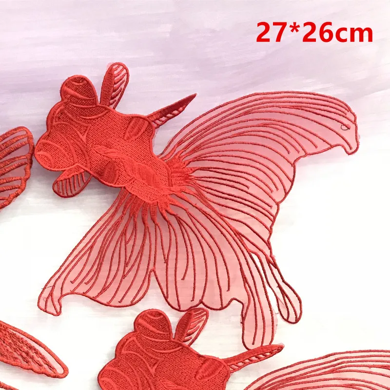 High quality organza embroidery red goldfish patch with super large fish cloth stickers children DIY decoration patches applique