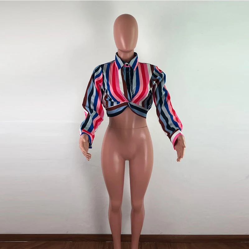 Camisa a rayas para mujer, Tops y Blusas informales de verano, Túnica Vintage de manga larga, blusa corta Sexy, Tops para mujer
