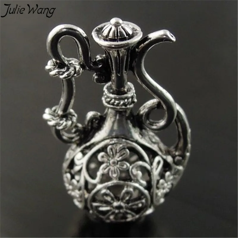 Julie Wang 6PCS Flower Wine Pot Hollow Bottle Flagon Tibetan Silver Tone Charms Pendants Vintage Style Accessories 37*20*14mm