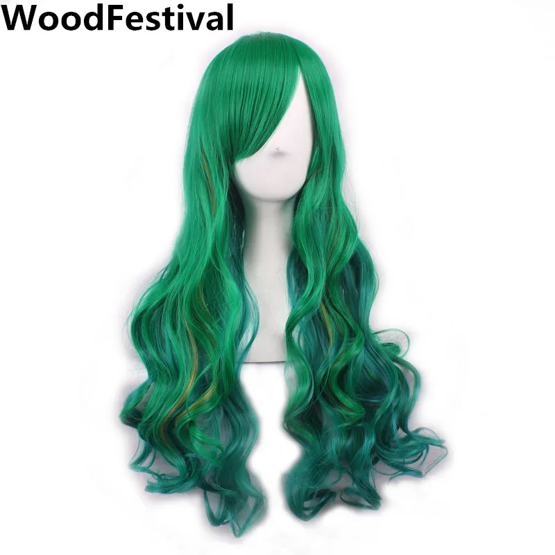 WoodFestival-peluca ondulada de pelo largo sintético verde para mujer, pelucas de Cosplay con flequillo, color púrpura, rosa, rojo, azul, blanco,