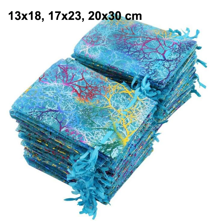 100pcs/lot 13x18, 17x23, 20x30 cm Coral Line Pattern Gauze Yarn Big Organza Bags Drawstring Gift Pouches Christmas Packaging Bag