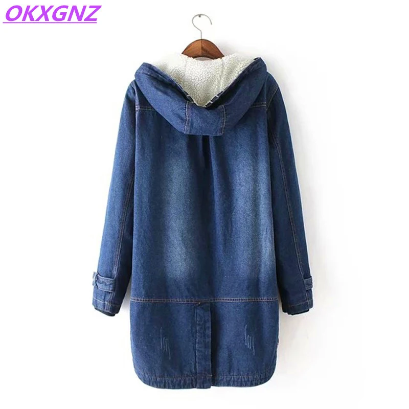 2023 Winter Women Denim Jacket Fleece Coats Fashion Hooded Cotton Parkas Jean Overcoat Female Oversize Warm Casual Outerwear