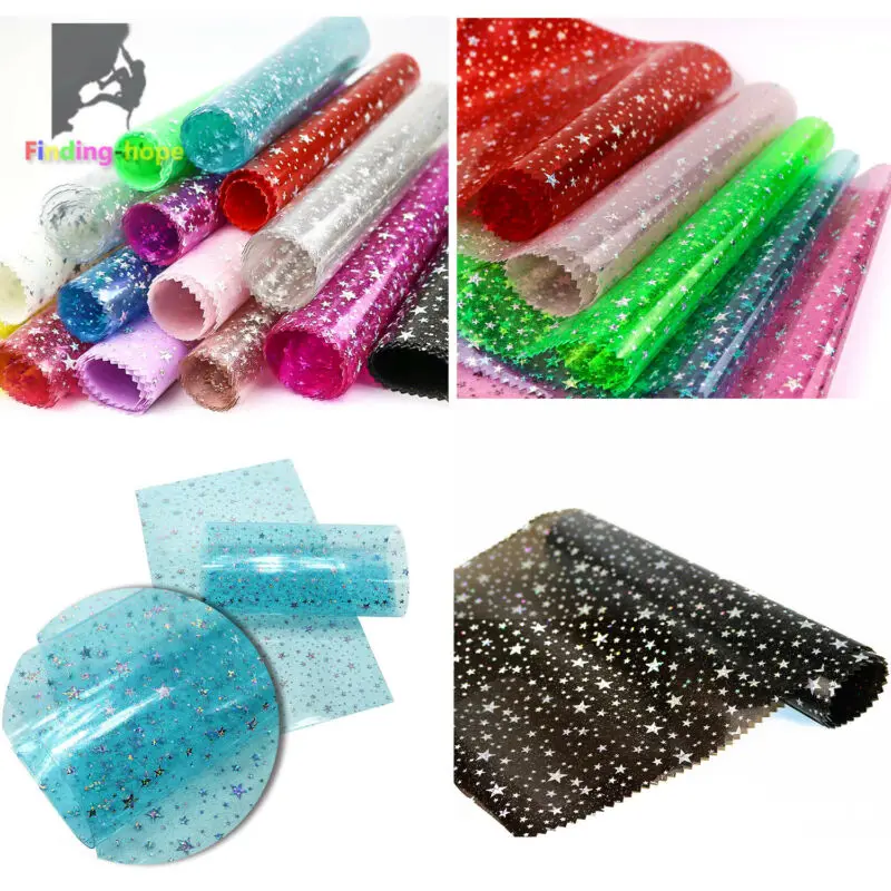 A4 Transparent PVC Vinyl Stars Fabric Sheets Laser iridescent Hologram Shiny DIY Handmade Bows Decor Craft Bag Earring Material