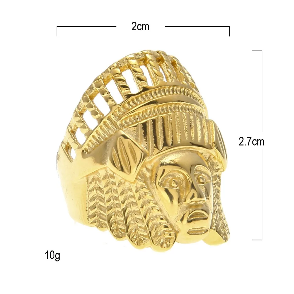 THE BLING KING Indian Chief Head Punk Rings Vintage Stainless Steel Size 7-14 Available Gold Color Hiphop Ring Jewelry For Men