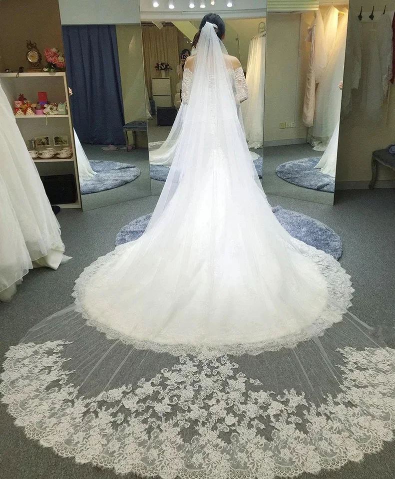 Real Bridal Veils 3.8 Meters Long 3 Meters Wide Wedding Veils Two Layers Voile Mariage Lace Welon