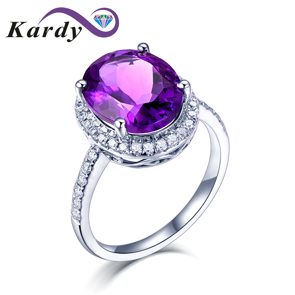 

Kardy Elegant Natural Gemstone Amethyst Diamond 14K White Gold Oval Shape Wedding Promise Fashion Band Ring for Women