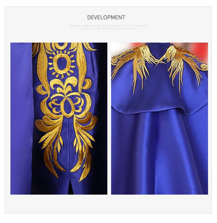 100%real luxury royal blue golden peacock/phoenix golden embroidery beading long cloak with dress gown cosplay/studio/stage